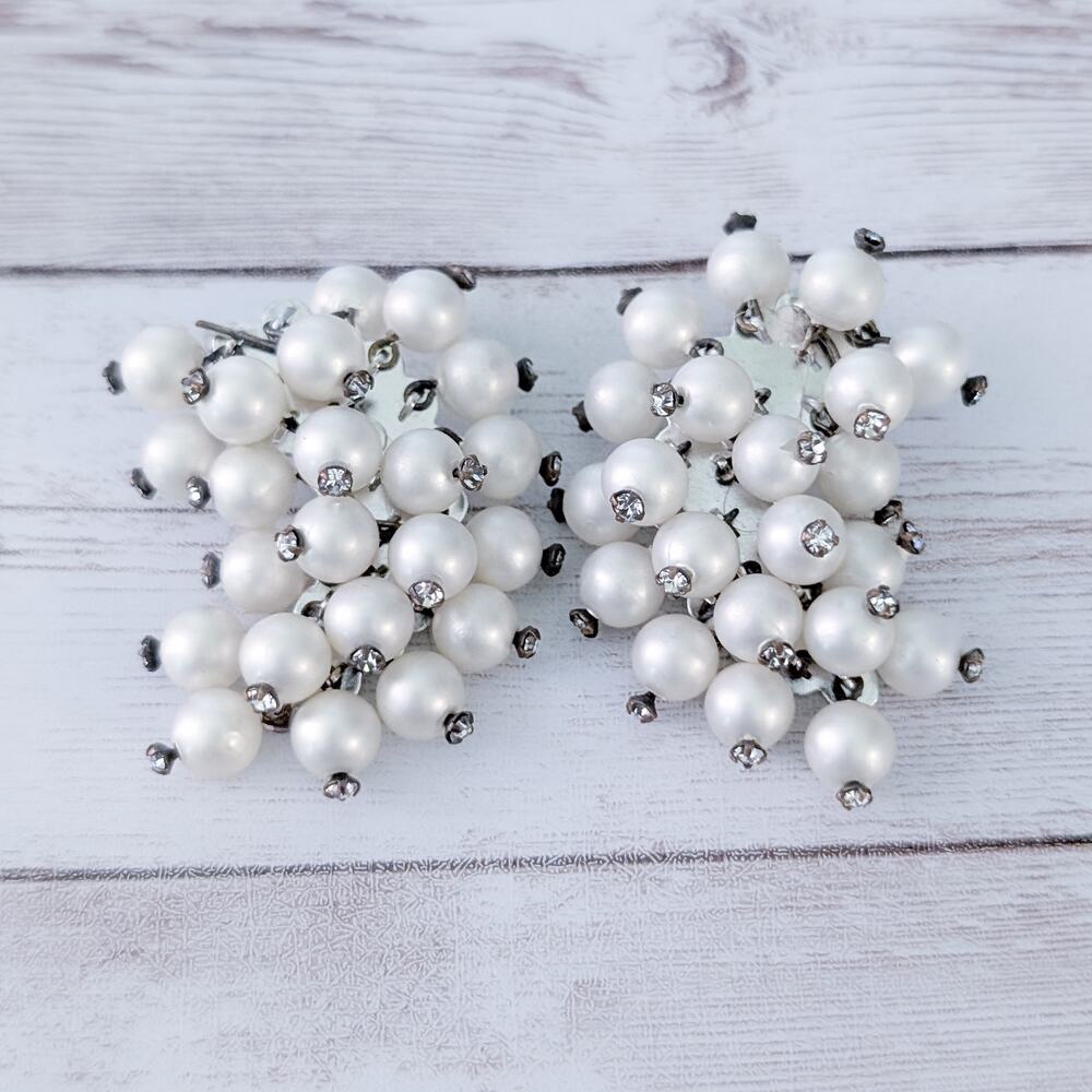 Vintage Clip On Earrings Extra Large Faux Pearl and Clear Gem Statement